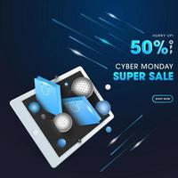 cyber måndag super försäljning affisch design med rabatt erbjudande och ljus rader på blå bakgrund. vektor