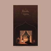 Ramadan kareem Vertikale Banner Design mit Muslim jung Frau lesen Koran Buch und beleuchtet Arabisch Lampe im Nacht. vektor