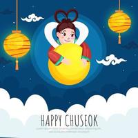 kinesisk gudinna av måne med hängande lyktor och moln på blå bakgrund för Lycklig chuseok firande. vektor