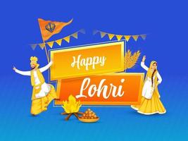Lycklig lohri font med sikh flagga, bål, ljuv och glad par håller på med bhangra dansa på blå bakgrund. vektor