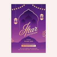 islamisch heilig Monat von Ramadan Konzept mit iftar Einladung Karte, hängend golden Laternen, Moschee Silhouette auf lila Hintergrund. vektor