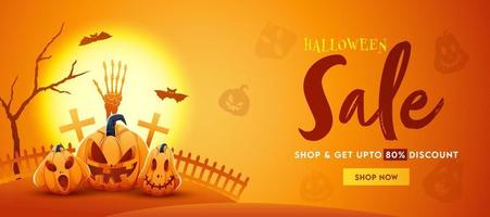 Halloween Verkauf Header oder Banner Design mit Rabatt Angebot und Kürbislaternen auf voll Mond Orange Hintergrund. vektor