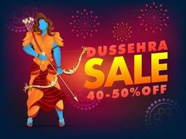 Dussehra Verkauf Poster Design mit Rabatt Angebot und Herr Rama Charakter auf Feuerwerk Hintergrund. vektor