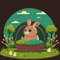 Illustration von süß Hase Charakter Innerhalb Korb mit Ostern Eier auf Natur Landschaft gegen Grün und braun Hintergrund. glücklich Ostern Tag Konzept. vektor