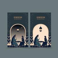 Ramadan Mubarak Gruß Karten mit Muslim Paar Charakter beim Essen Tabelle im zwei Möglichkeit. vektor