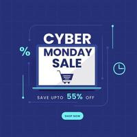 online Cyber Montag Verkauf App im Laptop mit Rabatt Angebot auf Blau Gitter Hintergrund zum Werbung. vektor