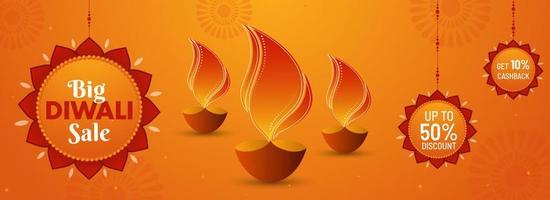 Diwali groß Verkauf Header oder Banner Design mit Beste Rabatt Angebot und zündete Öl Lampen auf Orange Hintergrund. vektor