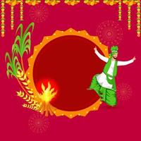 Illustration von Punjabi Mann tun Bhangra tanzen mit Lagerfeuer, Weizen Ohren, Zuckerrohr, Blumen- Girlande und Raum zum Text auf Rosa Hintergrund. vektor