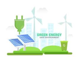 illustration av sol- paneler med elektrisk plugg, väderkvarnar och återvinning bin på byggnad vit bakgrund för grön energi spara miljö. vektor