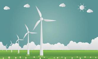 vindkraftverk med solen ren energi med vägen miljövänliga konceptidéer. vektor illustration