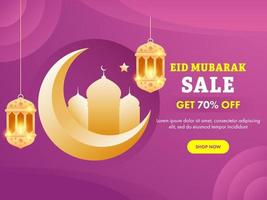 islamic festival eid mubarak försäljning begrepp med hängande gyllene arabicum lyktor, halvmåne måne, och moské på magenta Färg bakgrund. vektor