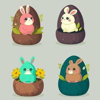 uppsättning av annorlunda stil söt kanin karaktär mot ägg form blommig och blad landskap på grå bakgrund. Lycklig påsk dag begrepp. vektor