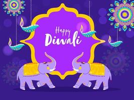 glücklich Diwali Schriftart auf lila Jahrgang Rahmen dekoriert mit Mandala Muster, hängend zündete Öl Lampen und Karikatur Elefanten Charakter. vektor