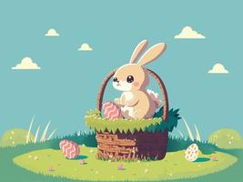 Illustration von süß Hase Charakter im Korb, Ostern Eier gegen Wolken Pastell- Grün und Blau Hintergrund. glücklich Ostern Tag Konzept. vektor