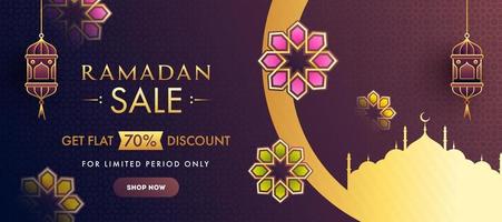 islamisch heilig Monat von Ramadan Konzept mit golden Moschee mit hängend Laternen, Blumen- Muster. Ramadan Verkauf Banner. vektor