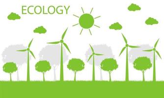 Windkraftanlagen mit Bäumen und sauberer Sonnenenergie mit umweltfreundlichen Konzeptideen. Vektorillustration vektor