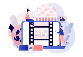 online Kino Konzept. Zuhause Film Theater. Kinematographie. winzig Menschen Aufpassen Film mit Popcorn,3d Brille und Video Attribute. modern eben Karikatur Stil. Vektor Illustration auf Weiß Hintergrund