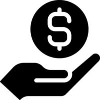 Münze im Hand schwarz Glyphe Symbol. geben Geld. finanziell Beitrag. Kreditvergabe Kasse. Geld Mittel. wirtschaftlich Wachstum. Silhouette Symbol auf Weiß Raum. solide Piktogramm. Vektor isoliert Illustration