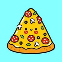 söt rolig bit av pizza. vektor hand dragen tecknad serie söt karaktär illustration ikon. isolerat på blå bakgrund. pizza karaktär begrepp