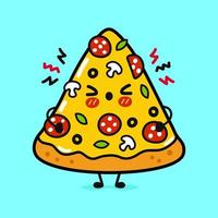 süß wütend Stück von Pizza Charakter. Vektor Hand gezeichnet Karikatur kawaii Charakter Illustration Symbol. isoliert auf Blau Hintergrund. traurig Stück von Pizza Charakter Konzept