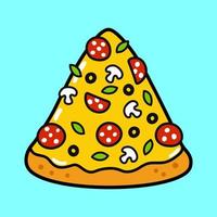 söt rolig bit av pizza. vektor hand dragen tecknad serie söt karaktär illustration ikon. isolerat på blå bakgrund. pizza karaktär begrepp