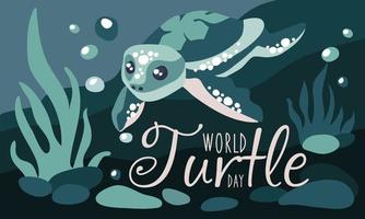 Welt Schildkröte Tag, kann 23 Vektor Illustration Hintergrund. ein Schildkröte schwimmt im das Ozean gegen das Hintergrund von Felsen, Algen und Felsen. Vektor Illustration. Urlaub Karte zum Drucken