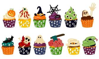 en stor uppsättning av muffins för halloween i de stil av platt. kusligt dekorerad cupcakes, tema liten kakor för oktober 31 och en skrämmande efterrätt uppsättning av tecknad serie vektor illustrationer. bakning för halloween