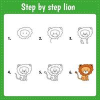 Zeichnung Lektion zum Kinder. Wie zeichnen Löwe. Zeichnung Lernprogramm mit komisch Tier. Schritt durch Schritt wiederholt das Bild. Kinder Aktivität Kunst Seite zum Buch. Vektor Illustration.