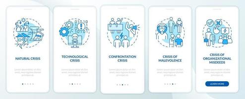 typer av kris blå onboarding mobil app skärm. företag risker genomgång 5 steg redigerbar grafisk instruktioner med linjär begrepp. ui, ux, gui mall vektor