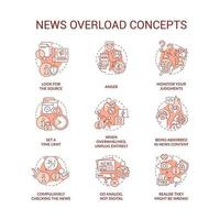 Nachrichten Überlast rot Konzept Symbole Satz. Negativ Auswirkungen von Medien. Information Explosion Idee dünn Linie Farbe Illustrationen. isoliert Symbole. editierbar Schlaganfall vektor