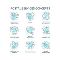 Post- Bedienung Vorteile Türkis Konzept Symbole Satz. Versand Chancen Idee dünn Linie Farbe Illustrationen. isoliert Symbole. editierbar Schlaganfall vektor