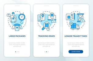 traditionell Post Büro Nachteile Blau Onboarding Handy, Mobiltelefon App Bildschirm. Komplettlösung 3 Schritte editierbar Grafik Anleitung mit linear Konzepte. ui, ux, gui Vorlage vektor