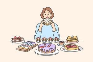 Frau Sitzung beim Schreibtisch Essen viele Nachspeisen und Kuchen. unzufrieden Mädchen Überessen Süss Cupcakes und Zucker Lebensmittel. Völlerei und Überessen. Vektor Illustration.