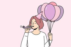 upphetsad flicka med ballonger blåsa i vissla fira födelsedag. Lycklig kvinna ha roligt på årsdag firande. vektor illustration.