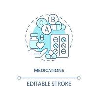 Medikamente Blau Konzept Symbol. Pillen. chronisch Krankheit umfassend Pflege planen abstrakt Idee dünn Linie Illustration. isoliert Gliederung Zeichnung. editierbar Schlaganfall vektor