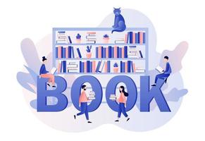 Buch Bibliothek online. Literatur Fans, E-Book, Medien Bibliothek, Lernen online. winzig Menschen lesen Bücher. groß Text Buch. modern eben Karikatur Stil. Vektor Illustration auf Weiß Hintergrund