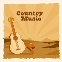 Land musik affisch design med gitarr, cowboy hatt på retro stil sand landskap och strålar bakgrund. vektor