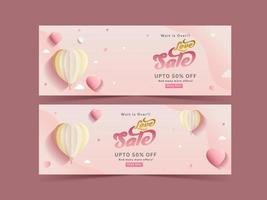 oben zu 50 aus zum Liebe Verkauf Banner oder Header Design mit Papier Herz Luftballons im zwei Optionen. glücklich Valentinstag Tag Konzept. vektor