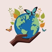 Mensch Hand halten Erde Globus mit Blätter und schön Schmetterlinge auf Pastell- Beige Hintergrund. vektor