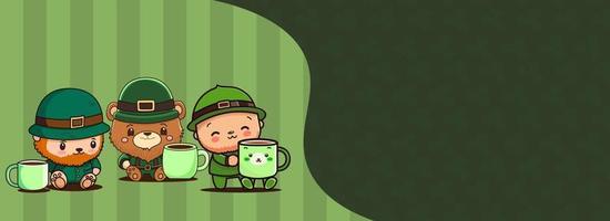 komisch Kobold Mann mit Teddy tragen, süß Junge Zeichen genießen Getränke zusammen auf Grün Hintergrund und Kopieren Raum. st. Patrick's Tag Banner Design. vektor