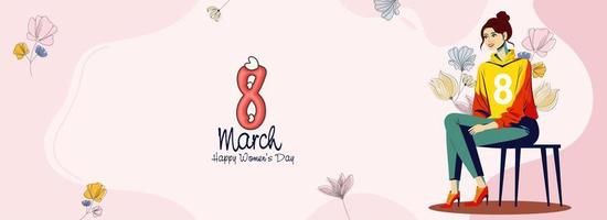 8 Marsch, glücklich Damen Tag Konzept mit heiter modisch jung Frau Charakter Sitzung beim Schemel auf Blumen- Pastell- Rosa Hintergrund. vektor