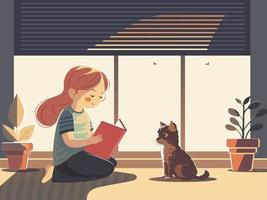 ung flicka karaktär läsning bok med söt katt Sammanträde, växt vas på öppen fönster genom randig vält persienner. vektor