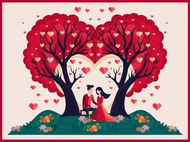romantisch Paar Sitzung unter das Herzen Bäume mit Natur Sicht. glücklich Valentinstag Tag Konzept. vektor