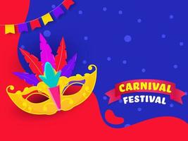 Karneval Festival Poster Design mit bunt Feder Maske auf rot und Blau Hintergrund. vektor
