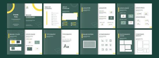 varumärke riktlinjer mallar layout, varumärke bok, företags- identitet, guide bok presentation mot kricka grön bakgrund. vektor