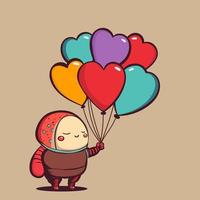 isolerat söt bebis karaktär innehav färgrik hjärta former ballonger på pastell brun bakgrund. kärlek eller valentines dag begrepp. vektor