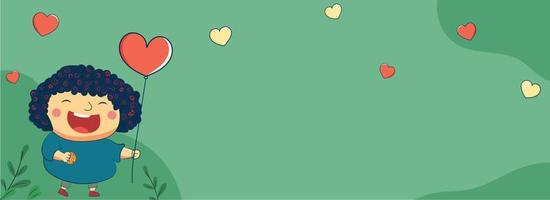 glad flicka stående med hjärta form ballonger på pastell grön moln bakgrund och kopia Plats. vektor
