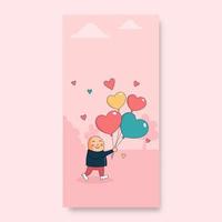Gehen süß Junge mit Herz Formen Luftballons auf Pastell- Rosa Natur Landschaft Hintergrund und Kopieren Raum. Liebe oder Valentinstag Konzept. vektor