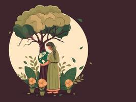 Seite Aussicht von jung Mädchen Charakter halten Erde Globus unter das Baum mit Blumen- Pflanze Töpfe dekoriert Hintergrund und Kopieren Raum. vektor