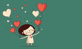 vektor av söt liten flicka innehav hjärta form ballonger på grön bakgrund och kopia Plats. kärlek eller hjärtans dag begrepp.